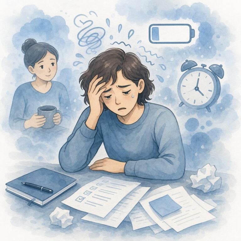 Føler du dig udbrændt af angst?. Person i blå. Angst, Stress.